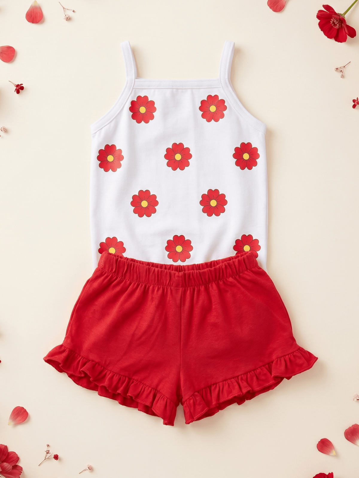 Conjunto Infantil Bebê Menina Floral com Short Babadinho Vermelho