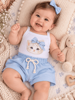 Conjunto Bebê Menina Gatinha Body Alcinha e Short Linho Azul