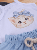 Conjunto Bebê Menina Gatinha Body Alcinha e Short Linho Azul