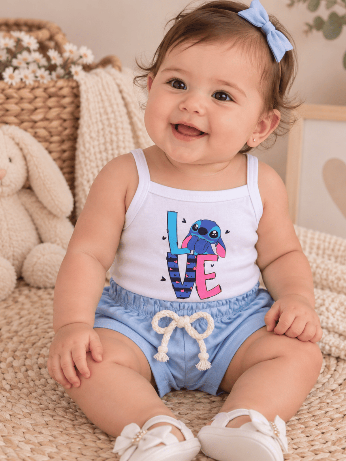 Conjunto Bebê Menina Stitch Body Alcinha e Short Linho Azul
