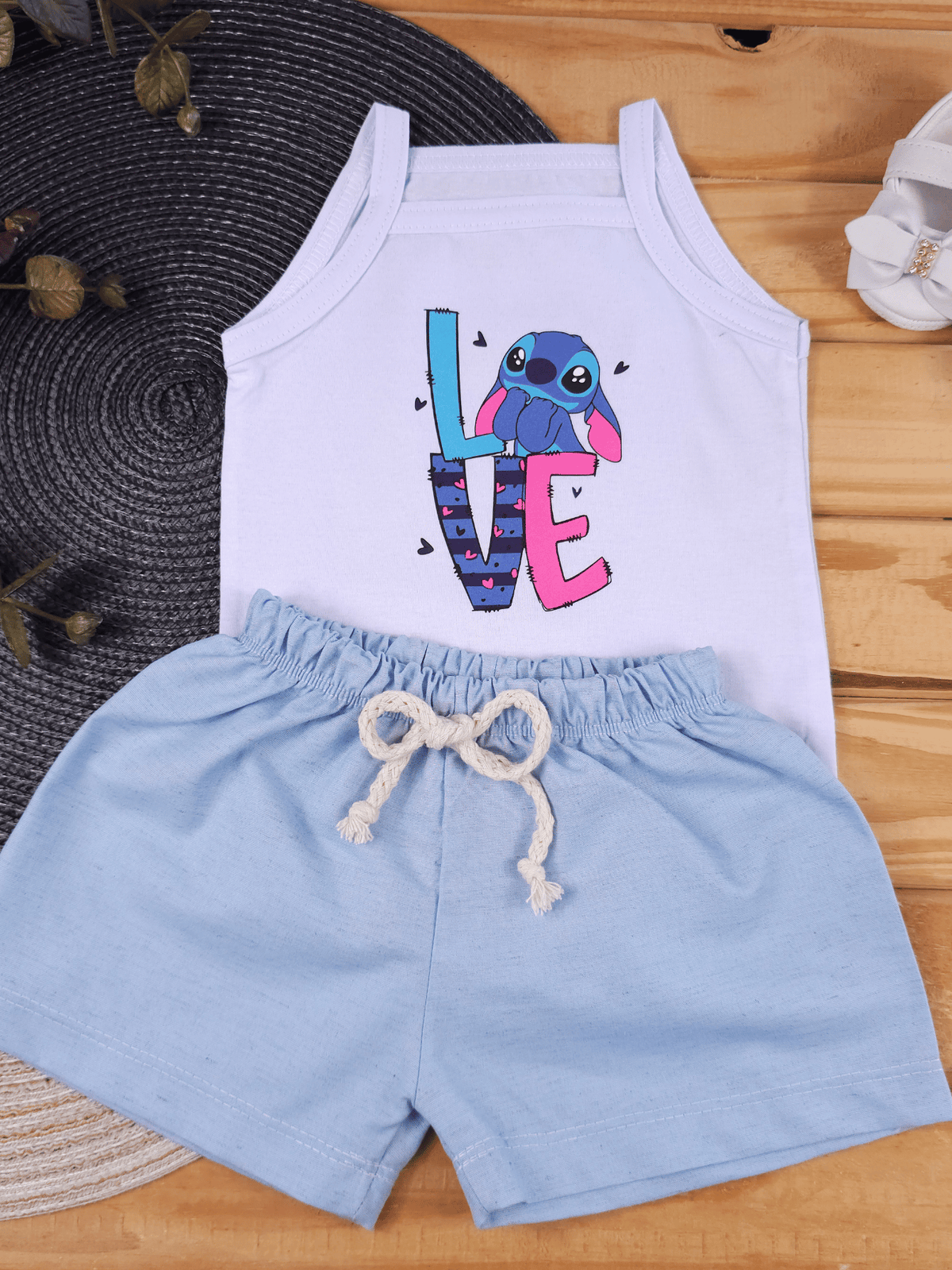 Conjunto Bebê Menina Stitch Body Alcinha e Short Linho Azul