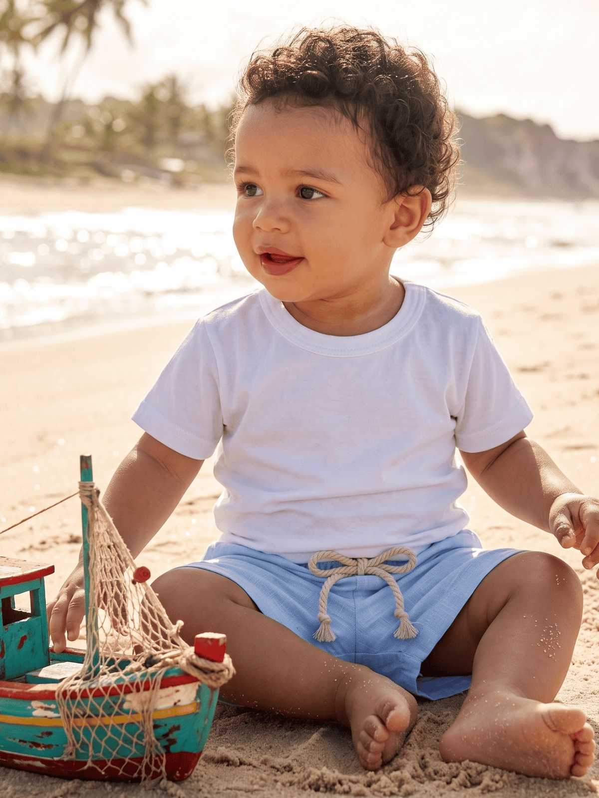 Conjunto Bebê Menino Verão Camiseta Algodão 100% + Short Linho Branco/Azul (0-4)