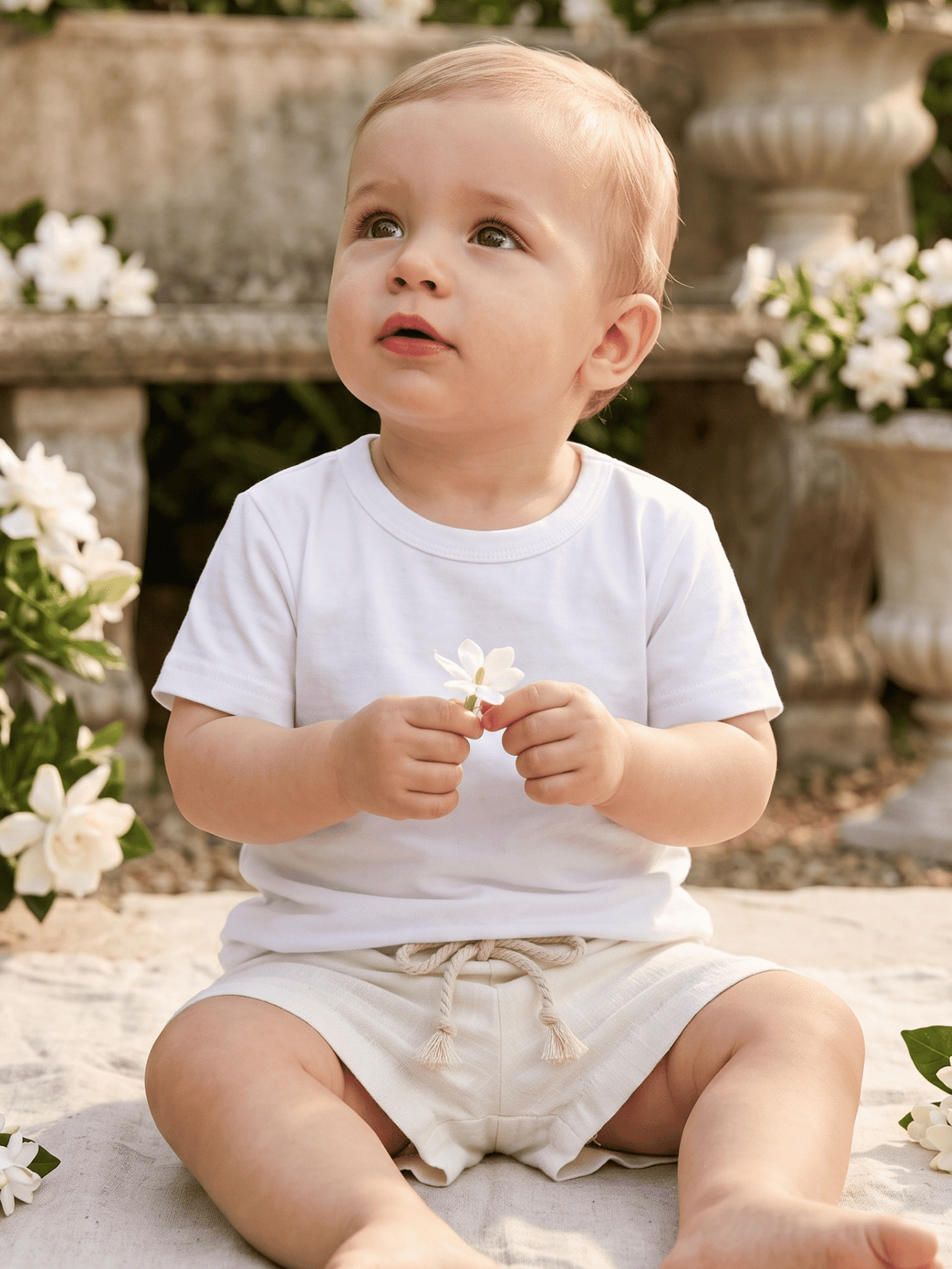 Conjunto Bebê Menino Verão Camiseta Algodão 100% + Short Linho Branco/Off-White (0-4)