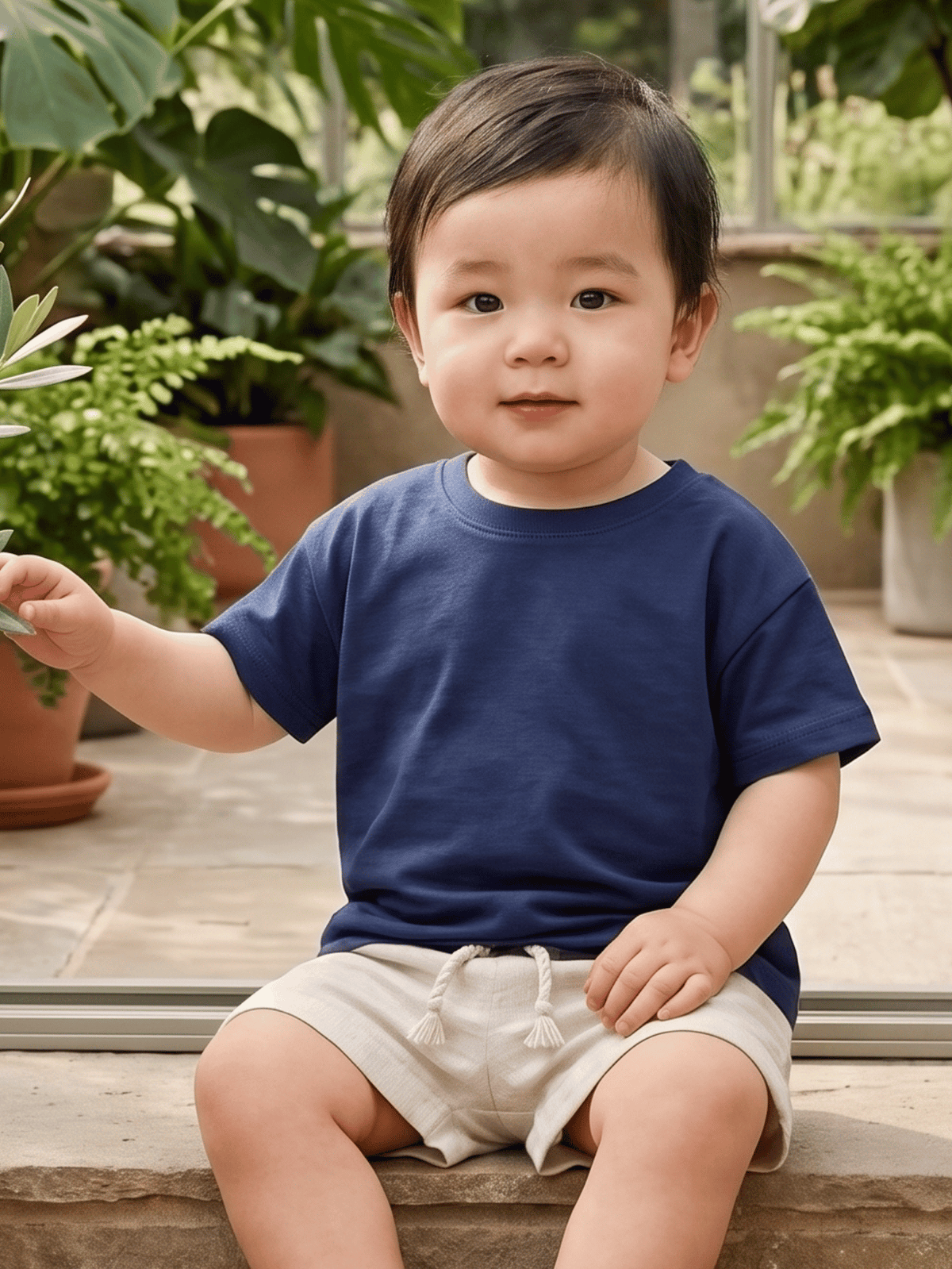 Conjunto Bebê Menino Verão Camiseta Algodão 100% + Short Linho Azul Marinho/Off-White (0-4)