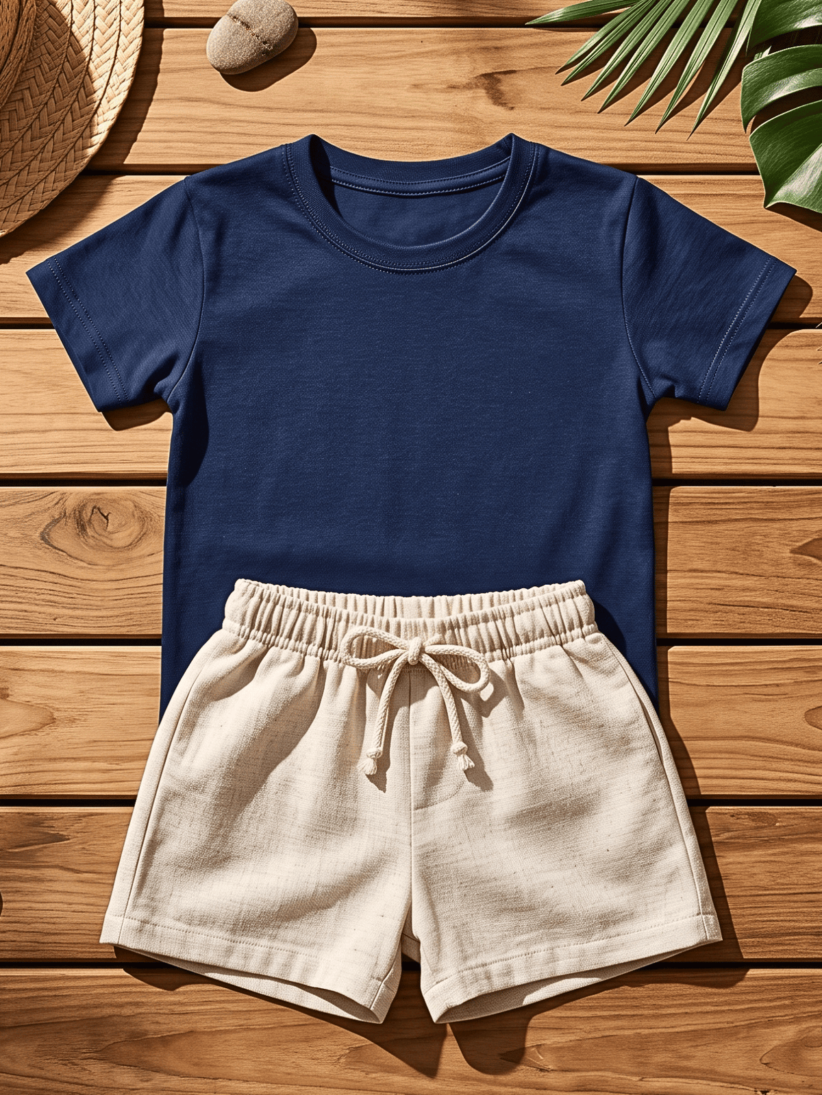Conjunto Bebê Menino Verão Camiseta Algodão 100% + Short Linho Azul Marinho/Off-White