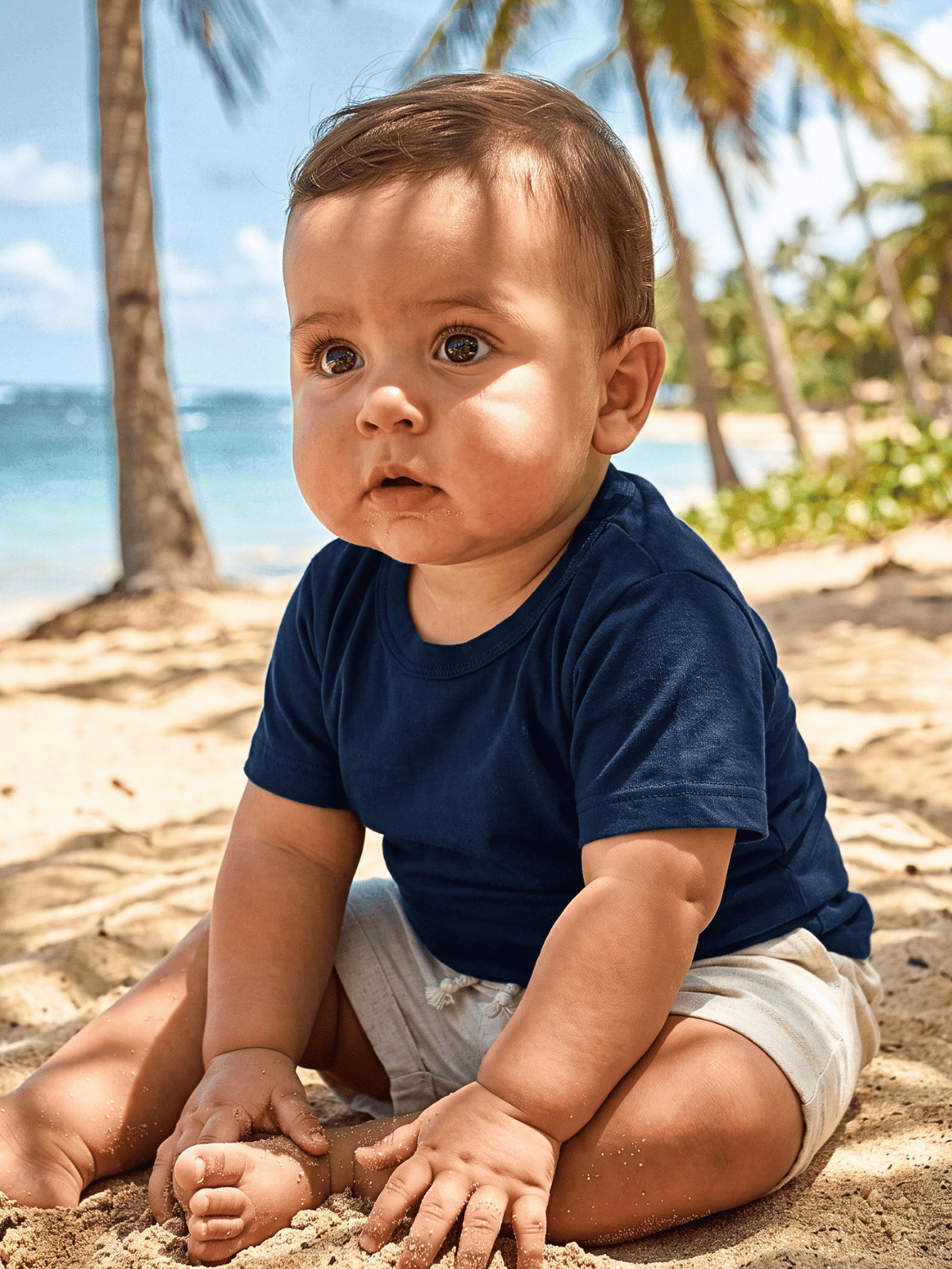 Conjunto Bebê Menino Verão Camiseta Algodão 100% + Short Linho Azul Marinho/Off-White