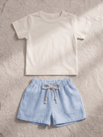 Conjunto Bebê Menino Verão Camiseta Algodão 100% + Short Linho Off-White/Azul (0-4)