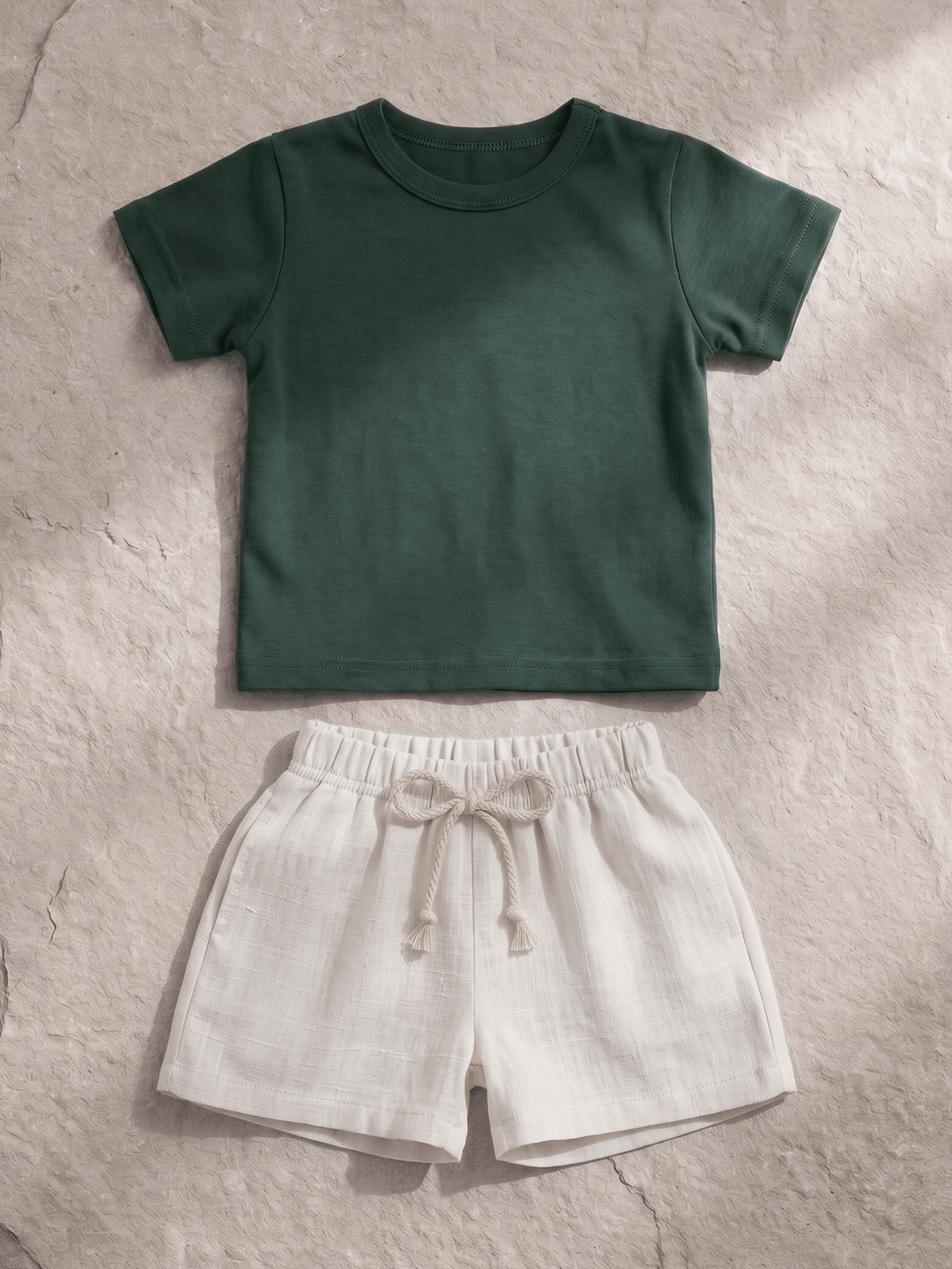 Conjunto Bebê Menino Verão Camiseta Algodão 100% + Short Linho Verde Militar/Off-White (0-4)