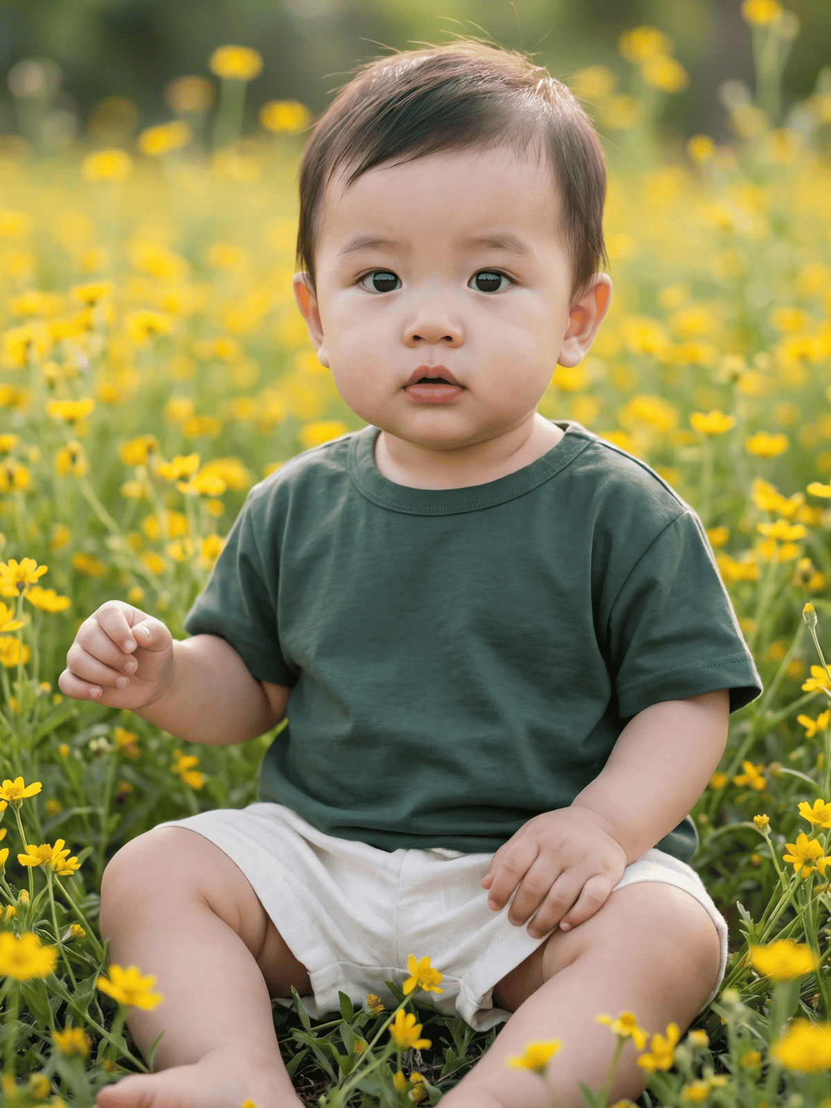 Conjunto Bebê Menino Verão Camiseta Algodão 100% + Short Linho Verde Militar/Off-White (0-4)