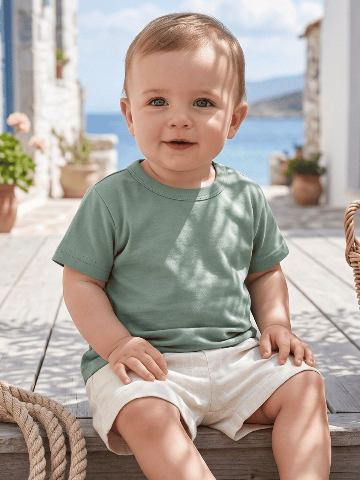 Conjunto Bebê Menino Verão Camiseta Algodão 100% + Short Linho Pistache/Off-White (0-4)
