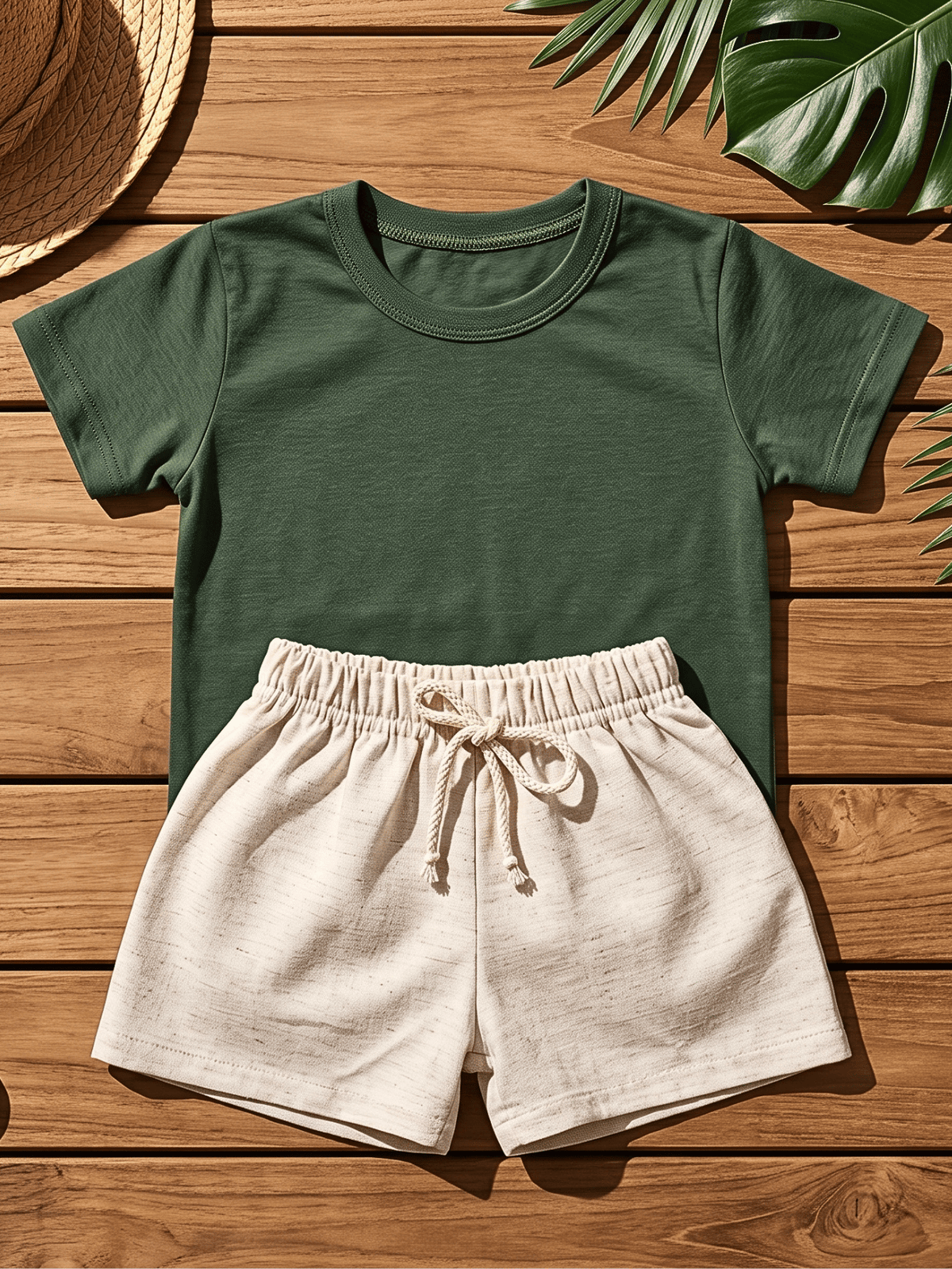 Conjunto Bebê Menino Verão Camiseta Algodão 100% + Short Linho Verde Militar/Off-White