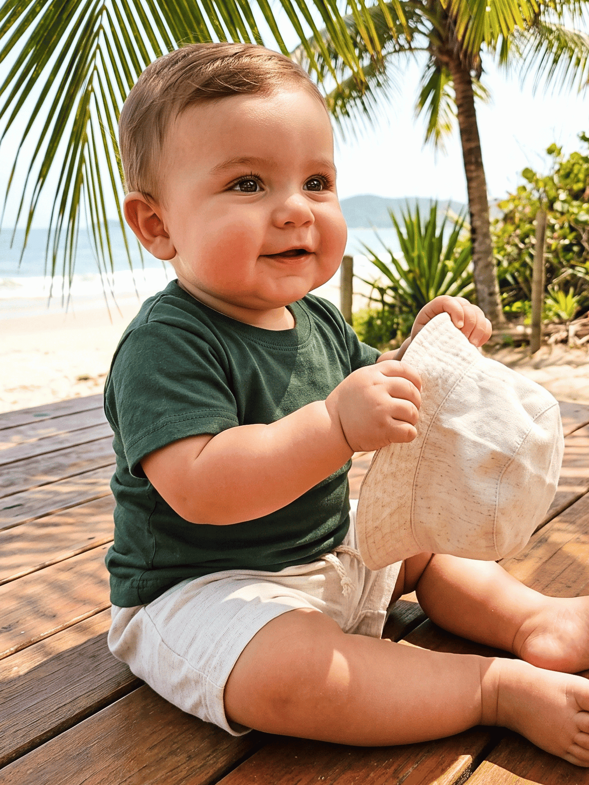 Conjunto Bebê Menino Verão Camiseta Algodão 100% + Short Linho Verde Militar/Off-White