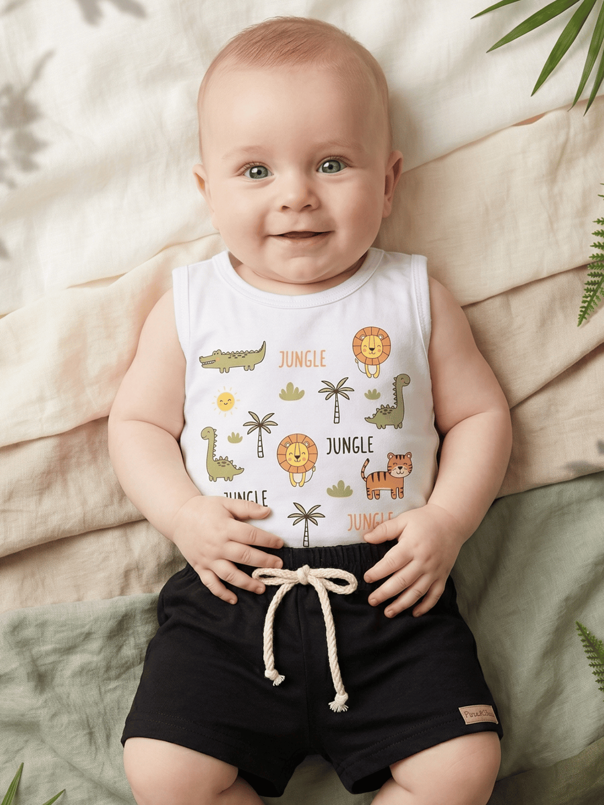 Conjunto Infantil Bebê Menino Body Estampado Selva e Short de Malha