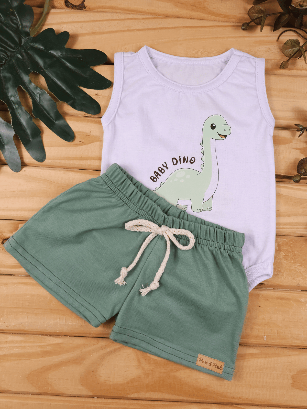 Conjunto Bebê Menino Dinossauro com Body Regata e Short 100% Algodão