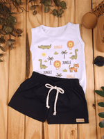 Conjunto Infantil Bebê Menino Body Estampado Selva e Short de Malha