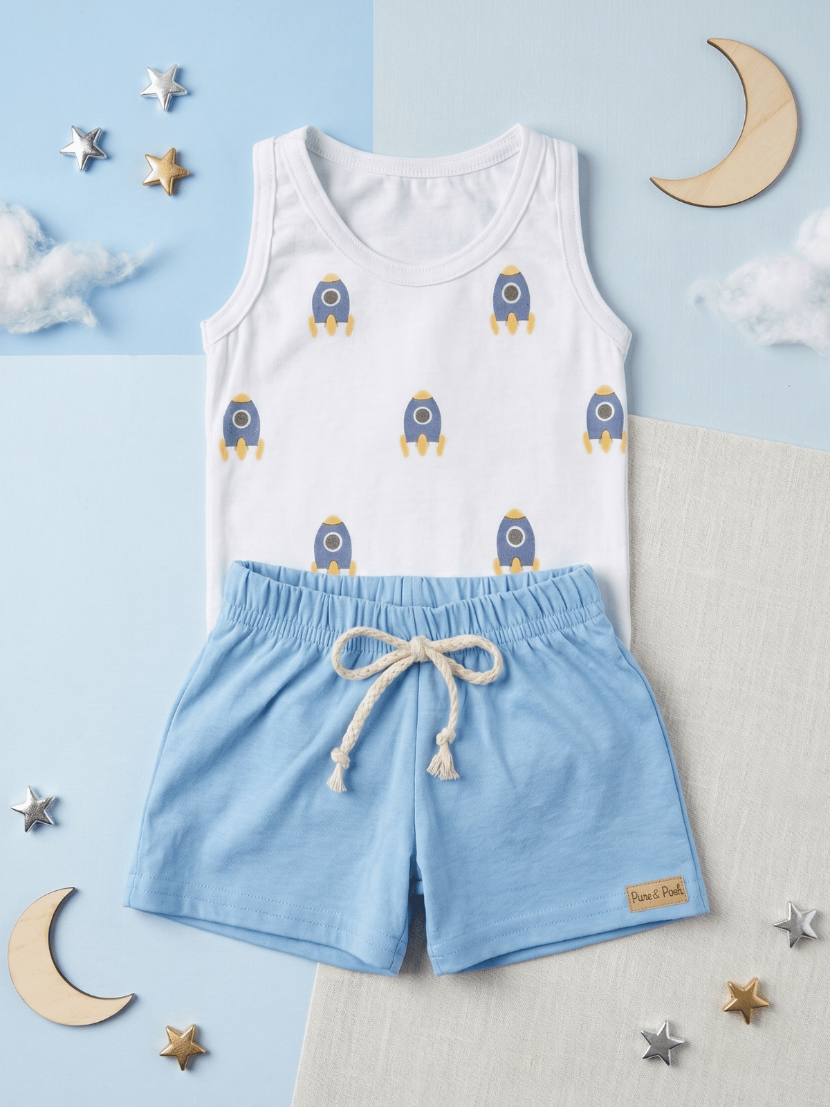 Conjunto Bebê Menino Foguete Body Regata Cavada e Short Azul 100% Algodão