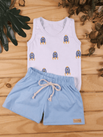 Conjunto Bebê Menino Foguete Body Regata Cavada e Short Azul 100% Algodão