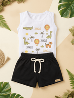 Conjunto Infantil Bebê Menino Body Estampado Selva e Short de Malha