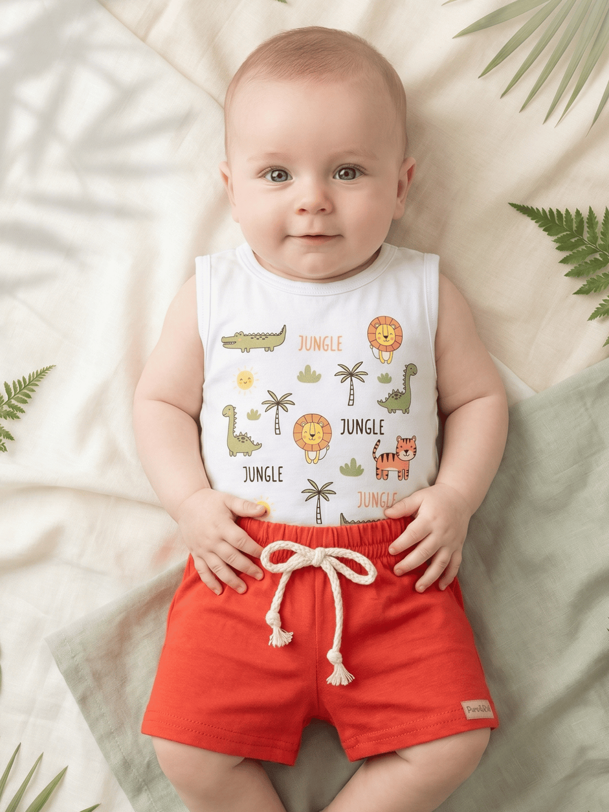Conjunto Infantil Bebê Menino Body Estampado Selva e Short de Malha
