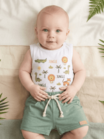 Conjunto Infantil Bebê Menino Body Estampado Selva e Short de Malha