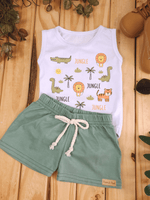 Conjunto Infantil Bebê Menino Body Estampado Selva e Short de Malha