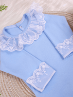 Body Bebê Menina Azul Manga Longa com Gola Rendada Delicado 100% Algodão