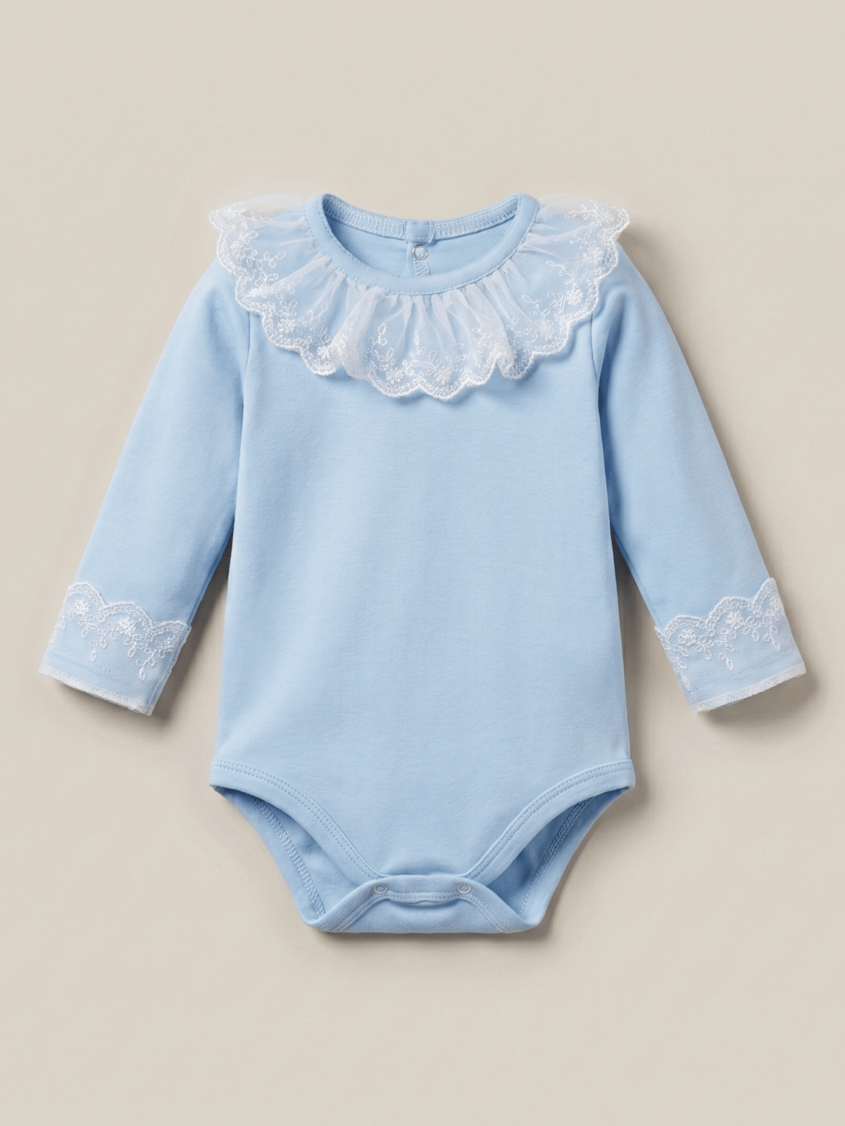 Body Bebê Menina Azul Manga Longa com Gola Rendada Delicado 100% Algodão