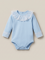 Body Bebê Menina Azul Manga Longa com Gola Rendada Delicado 100% Algodão
