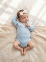 Body Bebê Menina Azul Manga Longa com Gola Rendada Delicado 100% Algodão