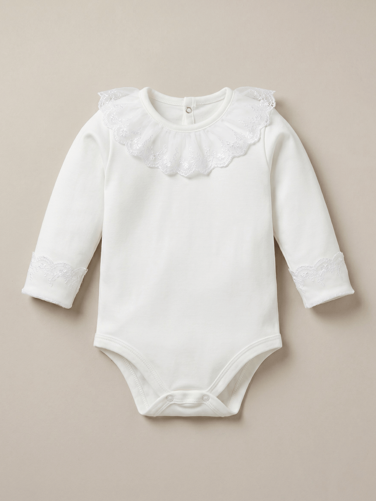 Body Infantil Menina Off-White Gola Rendada 100 Algodão Manga Longa RN ao G