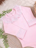 Body Infantil Menina Rosa Gola Rendada 100 Algodão Manga Longa RN ao G