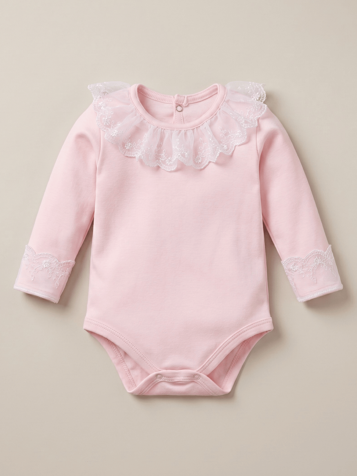 Body Infantil Menina Rosa Gola Rendada 100 Algodão Manga Longa RN ao G