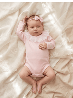 Body Infantil Menina Rosa Gola Rendada 100 Algodão Manga Longa RN ao G