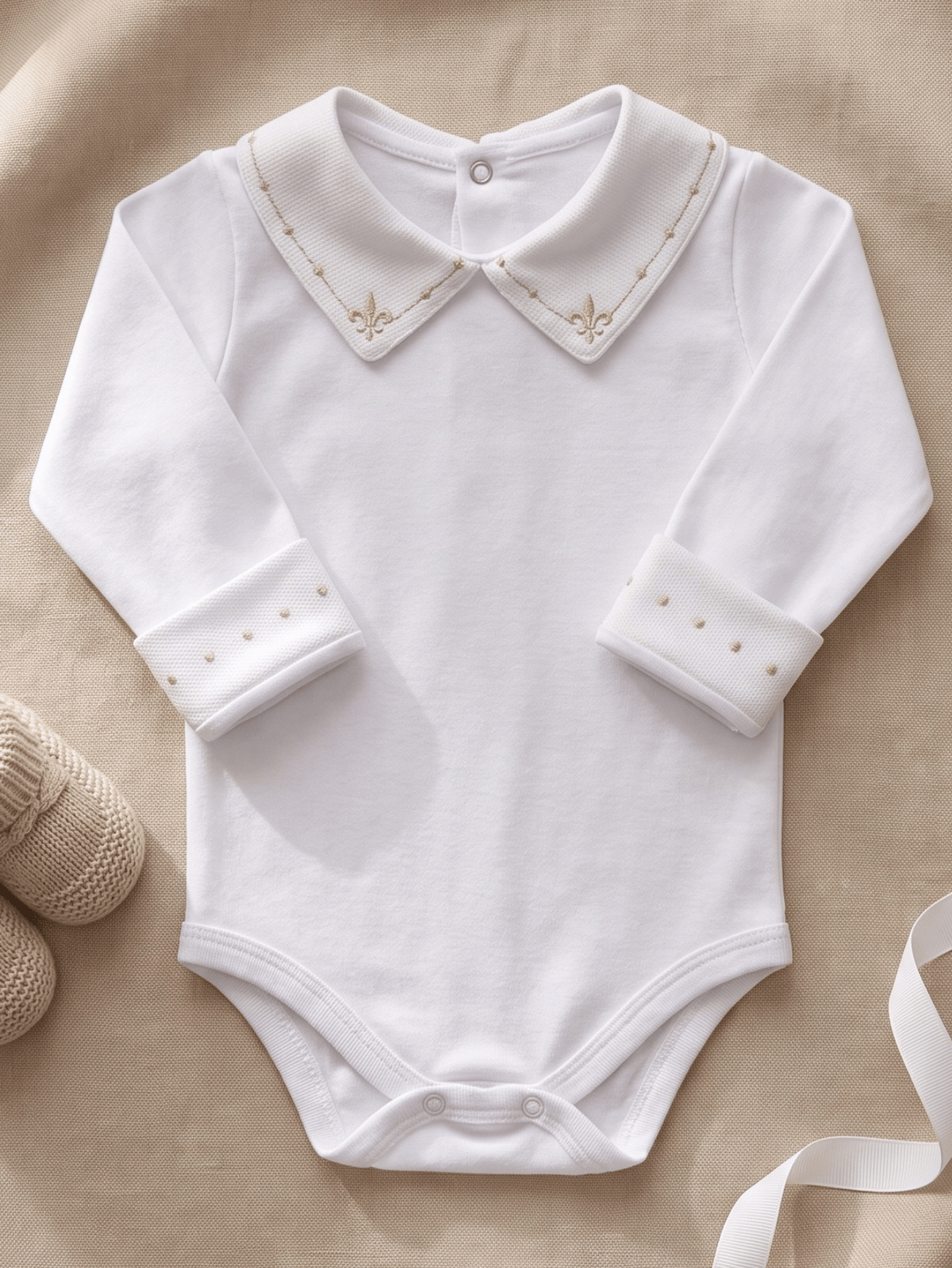 Body Bebê Menino Saída de Maternidade Bordado Flor-de-lis Bege