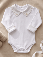 Body Bebê Menino Saída de Maternidade Bordado Flor-de-lis Bege