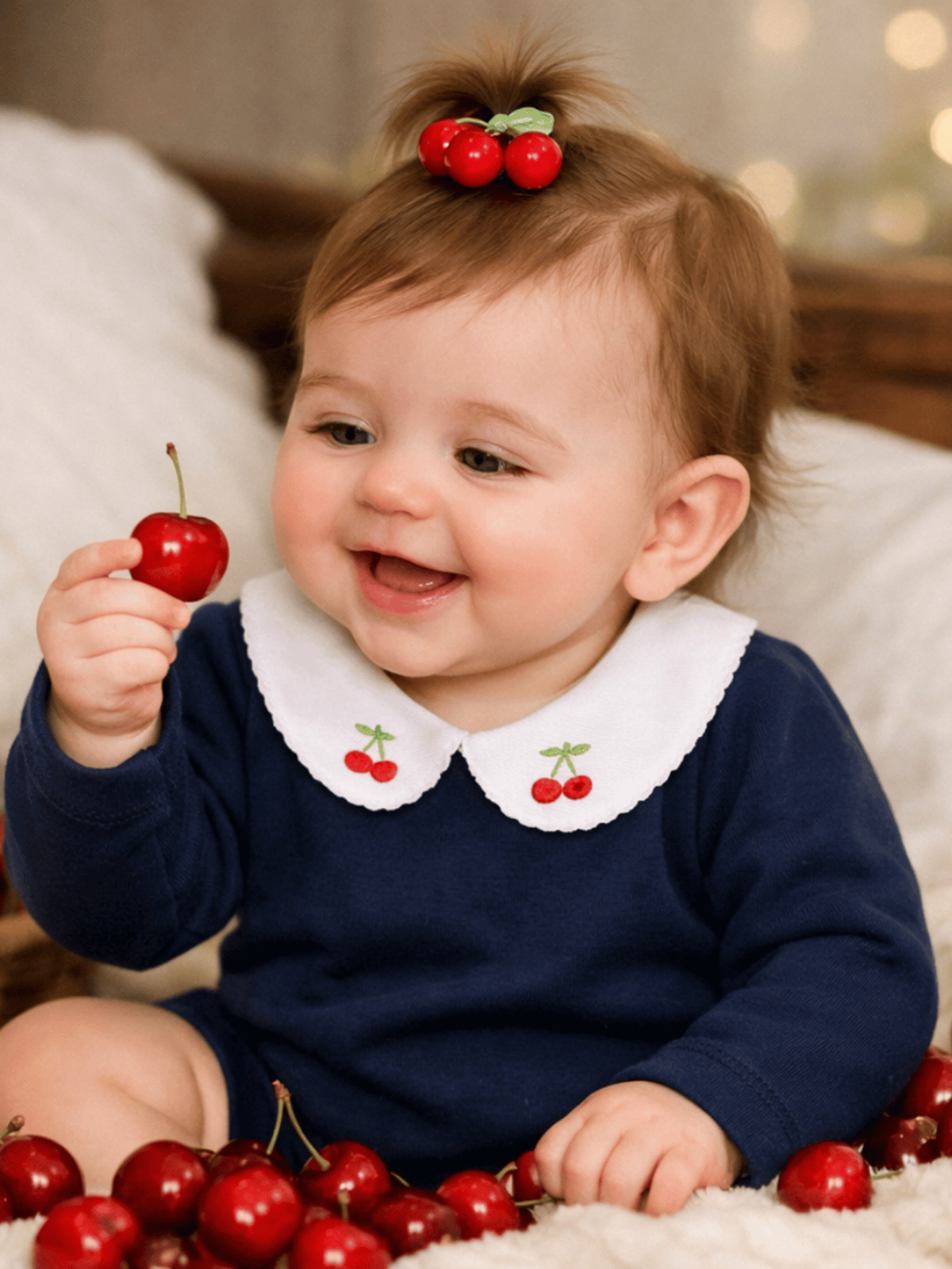 Body Bebê Menina Marinho com Gola Cereja Delicado Manga Longa 100% Algodão