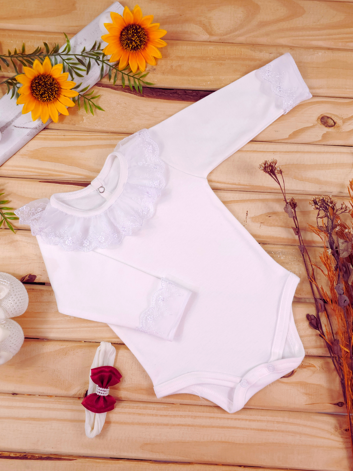 Body Infantil Menina Gola Rendada 100 Algodão Manga Longa RN ao G