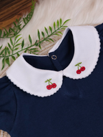 Body Bebê Menina Marinho com Gola Cereja Delicado Manga Curta 100% Algodão