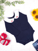 Body Bebê Menina Marinho com Gola Cereja Delicado Manga Longa 100% Algodão