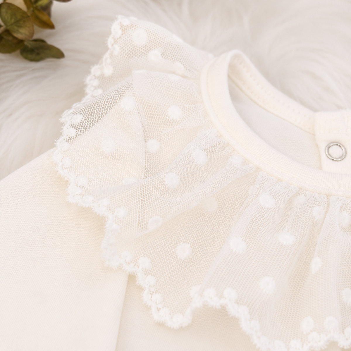 Body Menina Infantil Off-White Gola Rendada 100% Algodão Manga Longa RN ao G