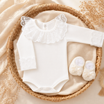 Body Menina Infantil Off-White Gola Rendada 100% Algodão Manga Longa RN ao G