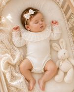 Body Menina Infantil Off-White Gola Rendada 100% Algodão Manga Longa RN ao G