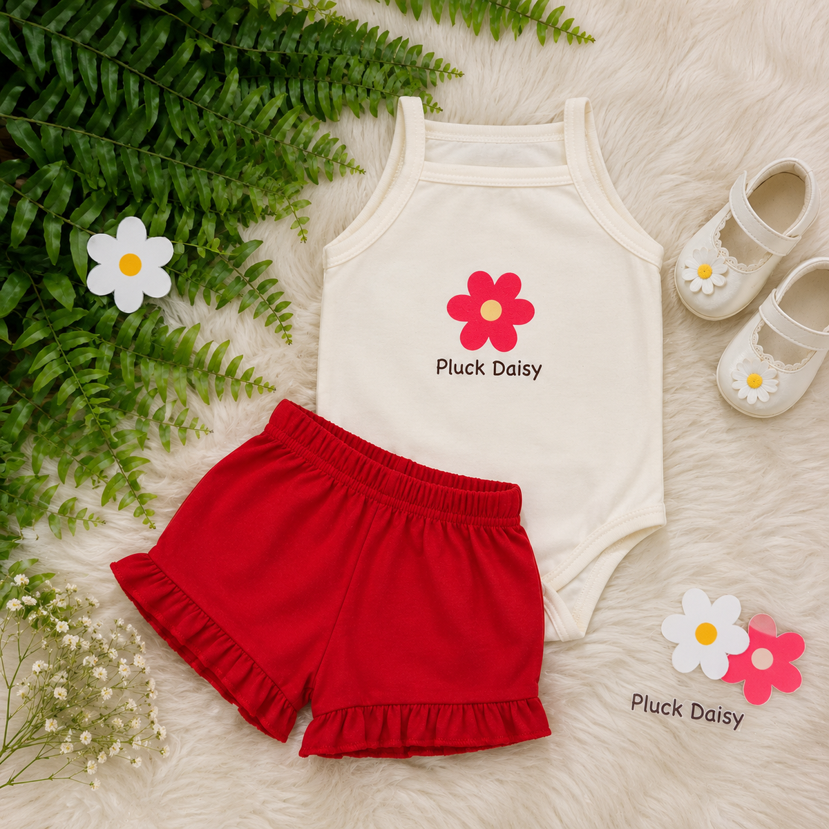 Conjunto Infantil Bebê Menina Floral com Short Babadinho Vermelho