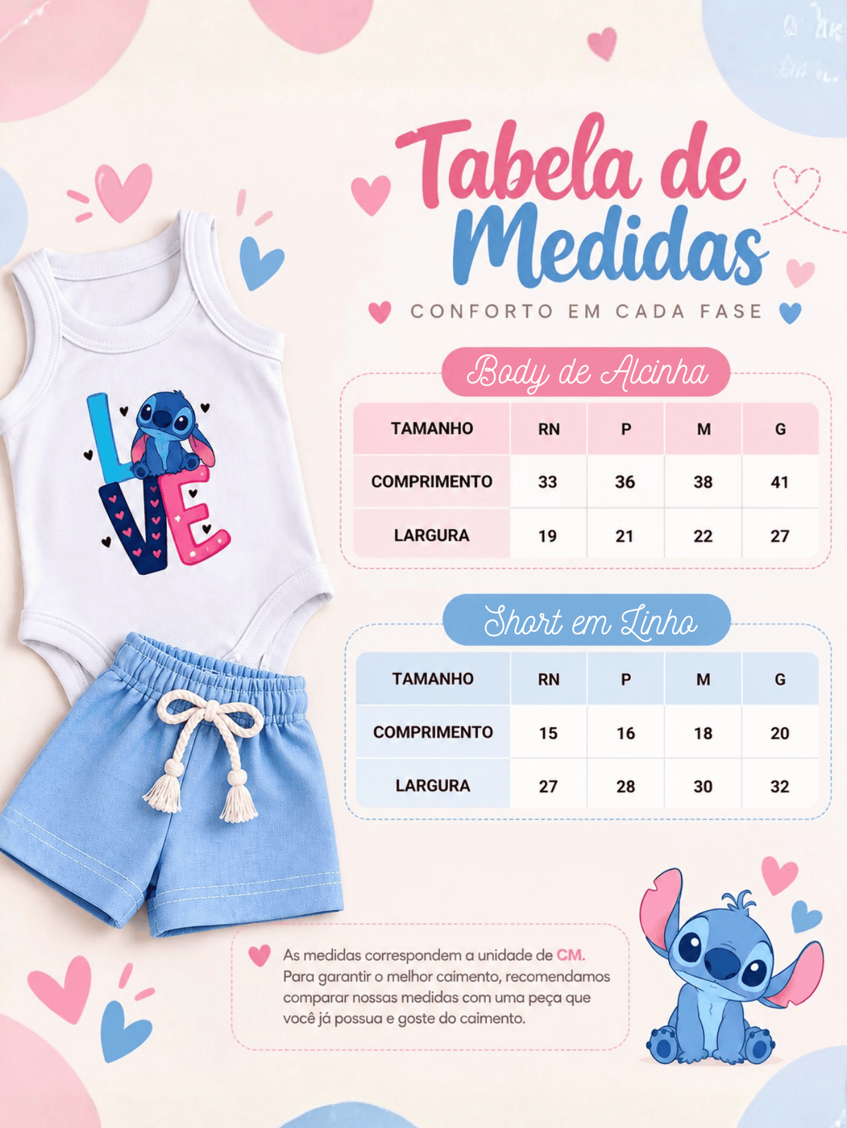 Conjunto Bebê Menina Stitch Body Alcinha e Short Linho Azul