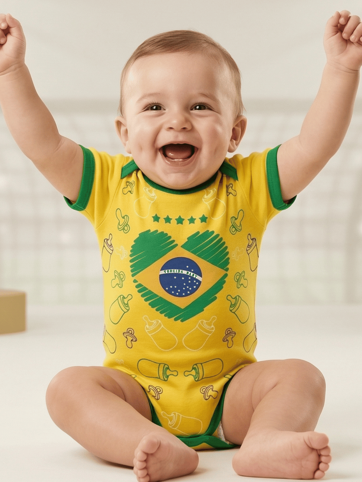 Body Bebê Brasil Manga Curta Torcida Baby Copa 100% Algodão