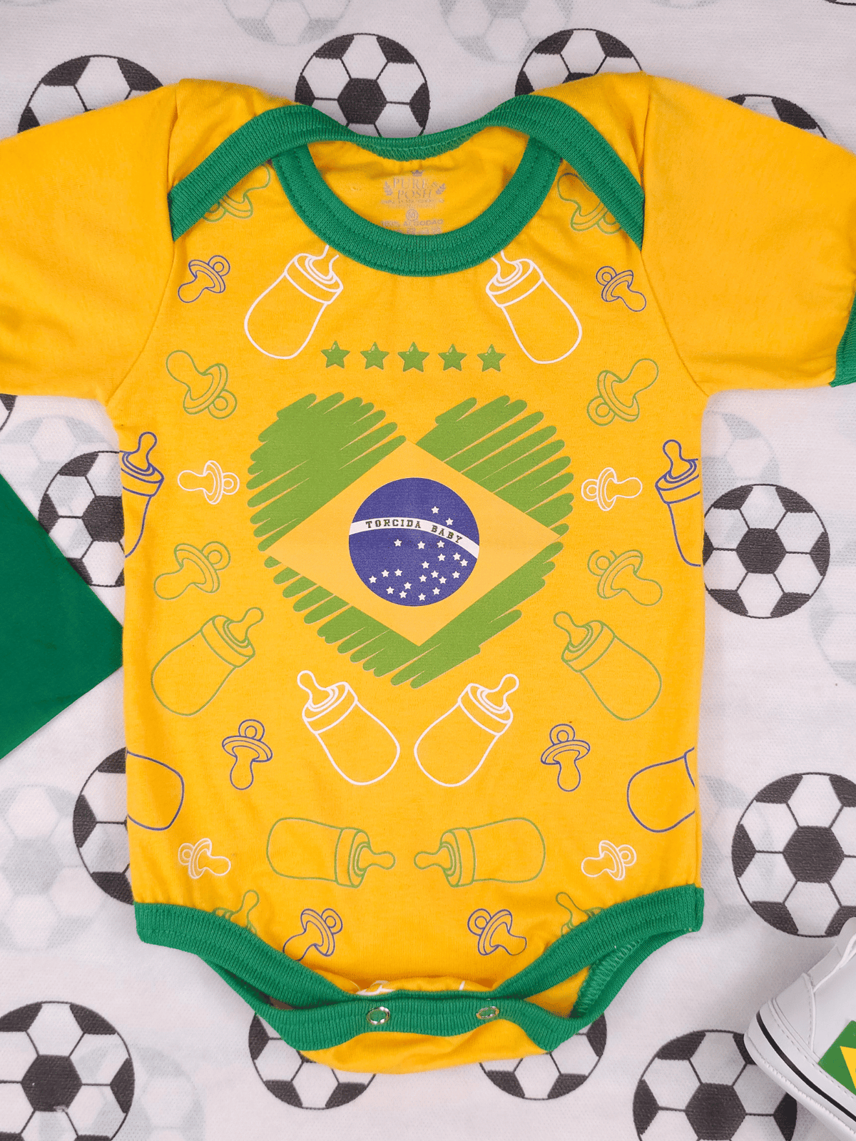 Body Bebê Brasil Manga Curta Torcida Baby Copa 100% Algodão