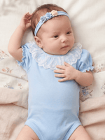 Body Bebê Menina Azul Gola Rendada Manga Bufante