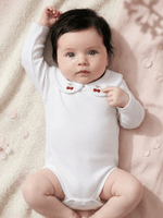 Body Bebê Menina Branco com Gola Cereja Delicado Manga Longa 100% Algodão