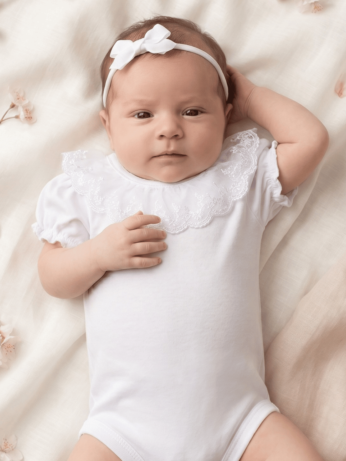 Body Infantil Bebê Menina Branco 100% Algodão – Gola Rendada