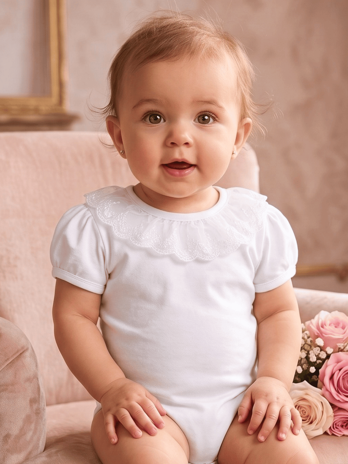 Body Bebê Menina Branco Gola Rendada Manga Bufante